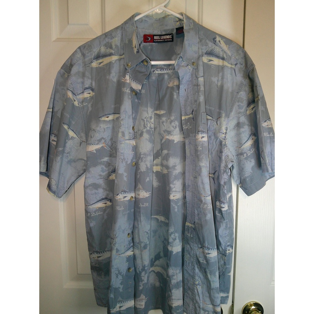 Reel Legends Marlin Fishing Shirt Button Up Short Sleeve Blue Mens‎ L
